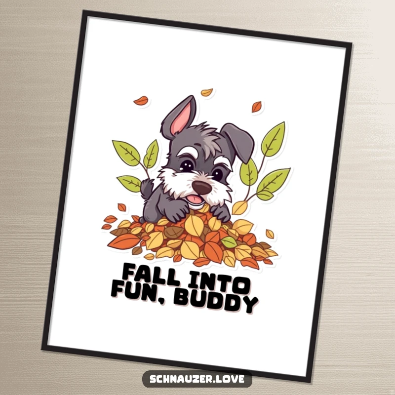 Funny Free Printable Schnauzer Wall Art: Schnauzer playfully digging in a large pile of autumn leaves.