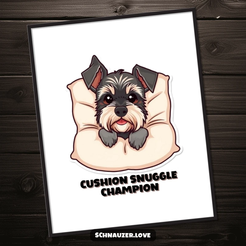 Funny Free Printable Wall Art: A schnauzer dog peeking humorously from behind a large, soft cushion, adding charm.