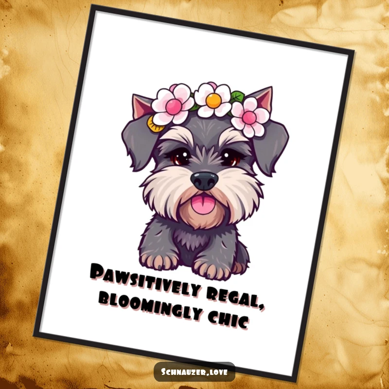 Funny free printable wall art of a schnauzer with a flower crown playfully shaking its head with joy.