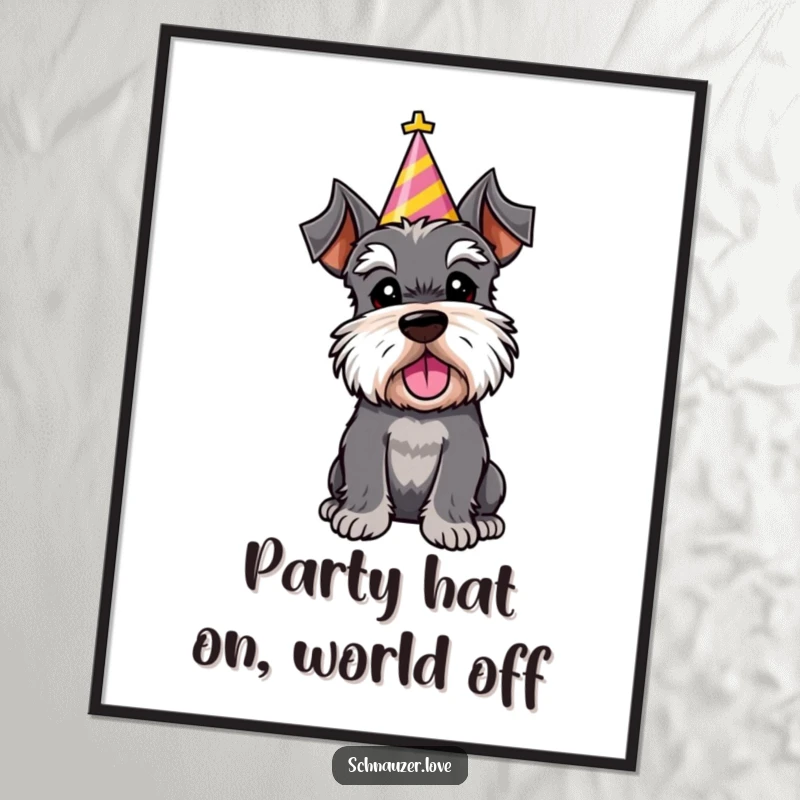 Free Printable Wall Art: A schnauzer character wearing a celebratory party hat tilts its head, looking festive and adorable.