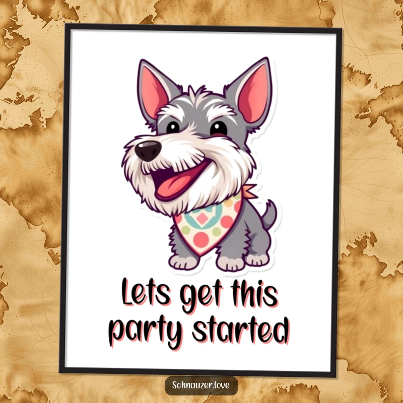 Funny free printable wall art of an excited schnauzer wearing a patterned bandana, barking with pure, happy energy.