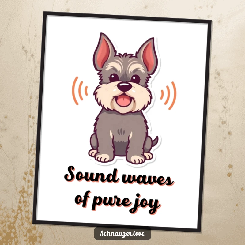 Funny Free Printable Wall Art of a happy schnauzer silhouette emitting playful sound waves representing a bark.