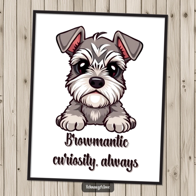 Funny Free Printable Wall Art of a cute schnauzer with prominent eyebrows, tilting its head in an endearing, curious pose.