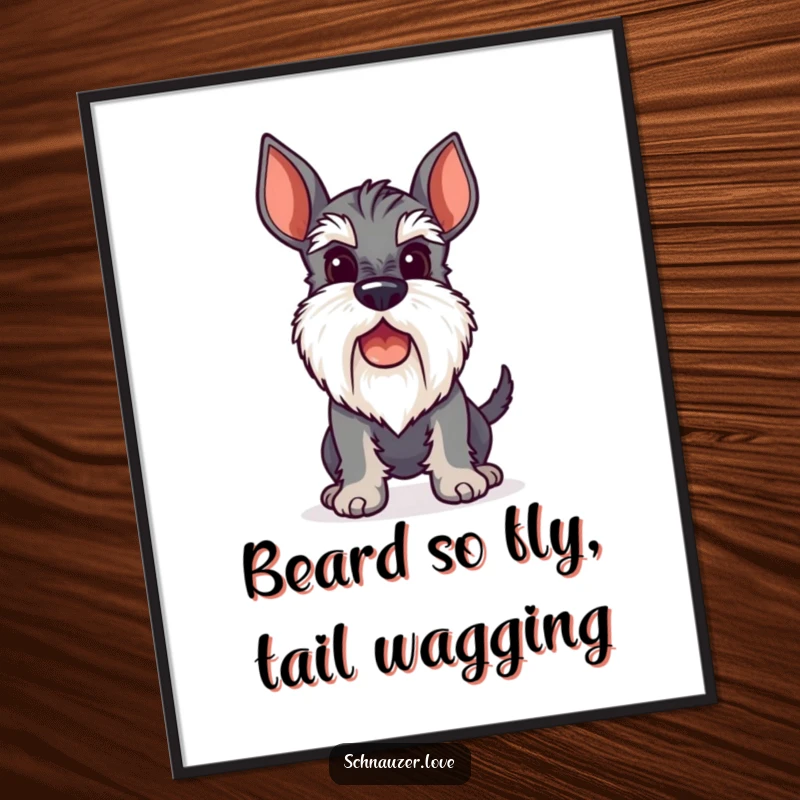Funny Free Printable Wall Art of a stylized schnauzer with a perky beard, its tail a joyful, energetic wag.