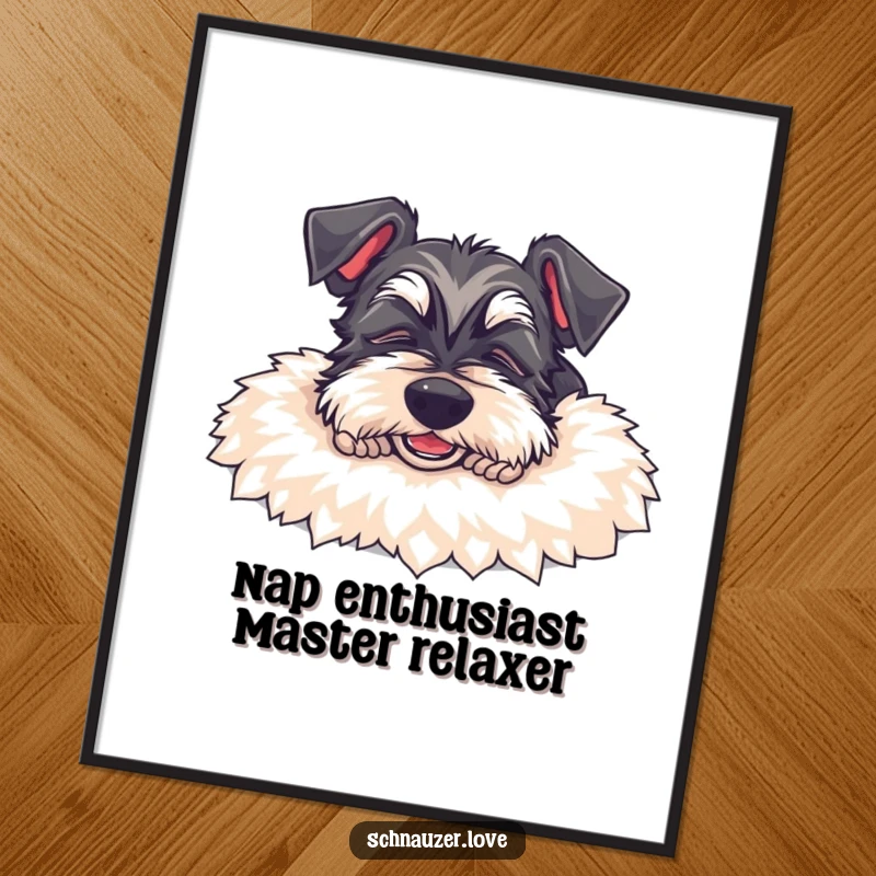 Funny Free Printable Schnauzer Wall Art: A content schnauzer dog naps peacefully on a fluffy rug, radiating calm.