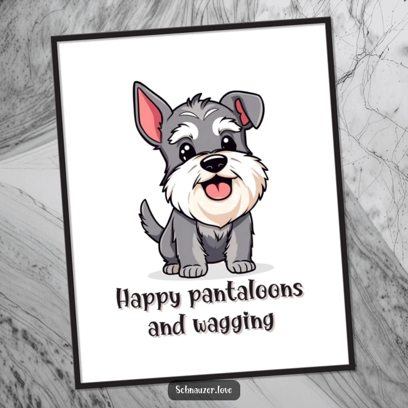 Funny Free Printable Schnauzer Wall Art: A happy bearded schnauzer panting and wagging its tail excitedly.