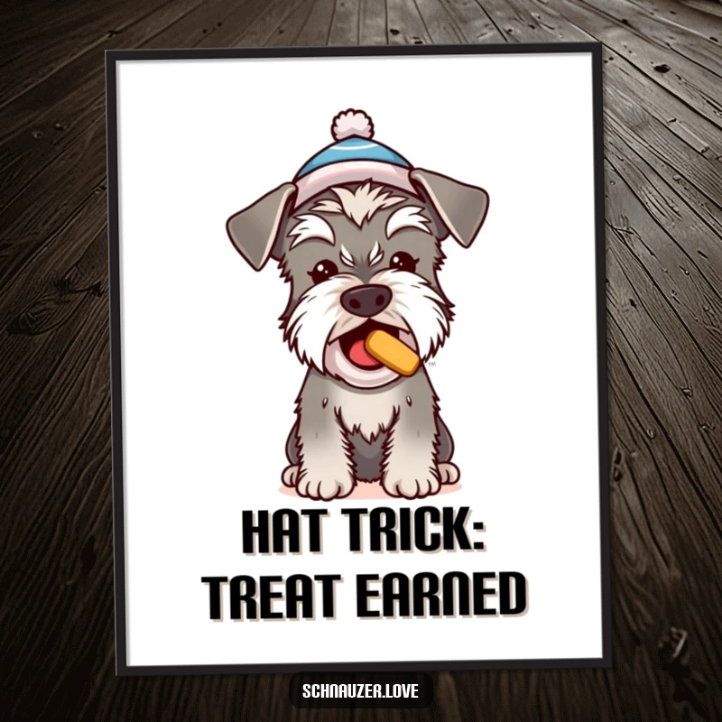Funny Free Printable Wall Art: A cheerful Schnauzer wearing a tiny hat, begging for a treat.