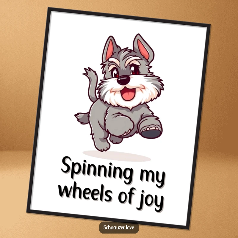 Funny free printable wall art of a fluffy schnauzer joyfully and comically chasing its own tail in a circle.