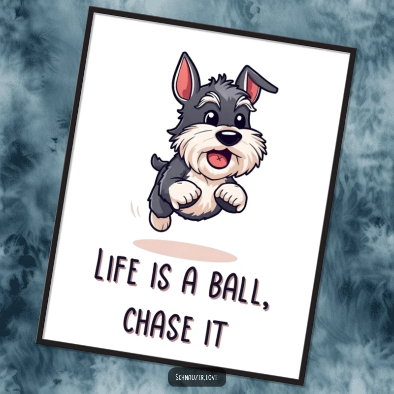 Funny Free Printable Wall Art: An energetic schnauzer sprints with a ball, radiating pure joy and playfulness. Lively dog art.