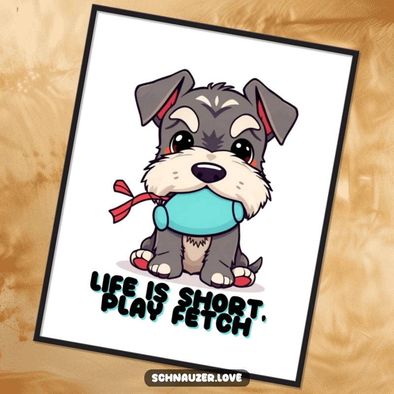 Funny Free Printable Wall Art: Schnauzer with a tiny squeaky toy in its mouth, looking playful.