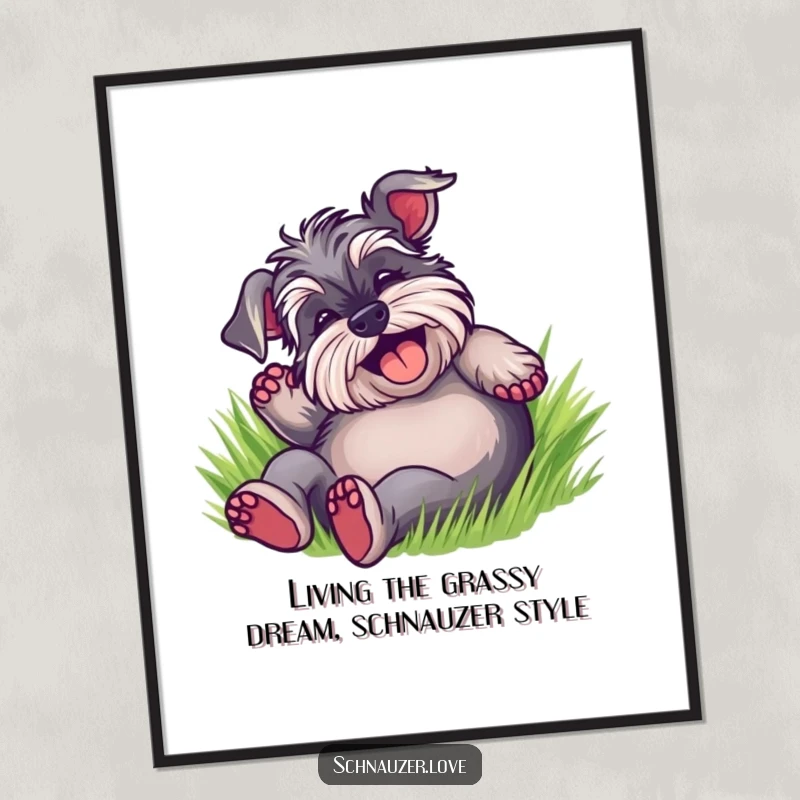 Funny Free Printable wall art: A delighted schnauzer rolling on its back in soft grass, radiating pure joy and mischief.