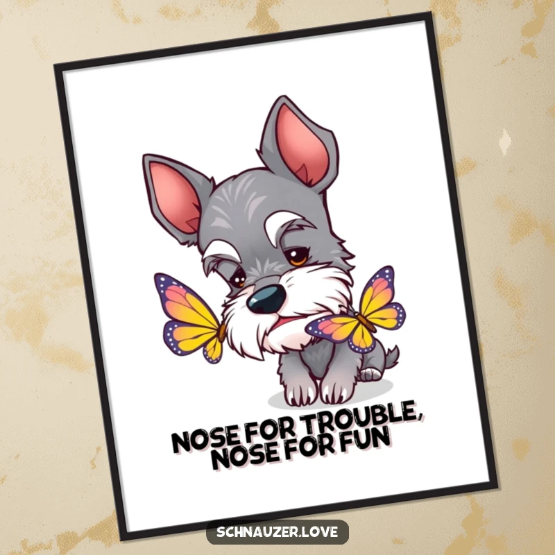 Funny Free Printable Schnauzer Wall Art: Curious dog with perked ears sniffing a colorful butterfly, whimsical art.
