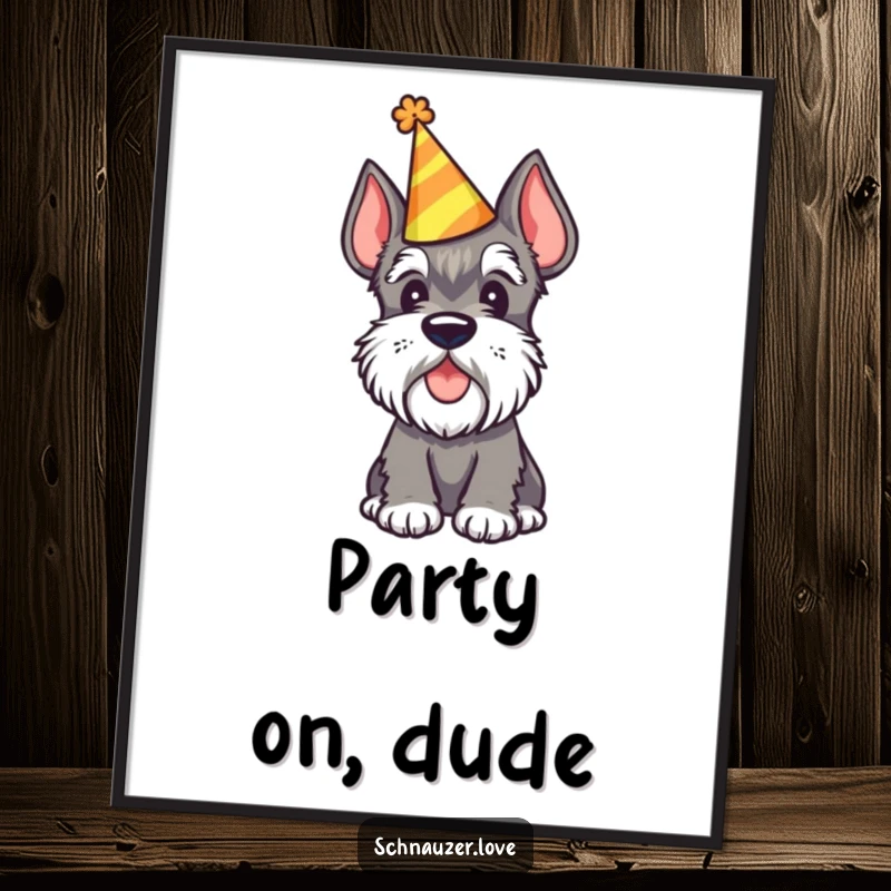 Funny Free Printable Wall Art: A Schnauzer wearing a party hat tilts its head with playful curiosity. Whimsical decor.