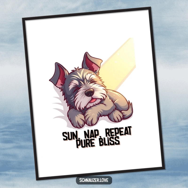 Funny Free Printable Wall Art: A content schnauzer naps peacefully in a warm, inviting sunbeam. Serene dog decor.