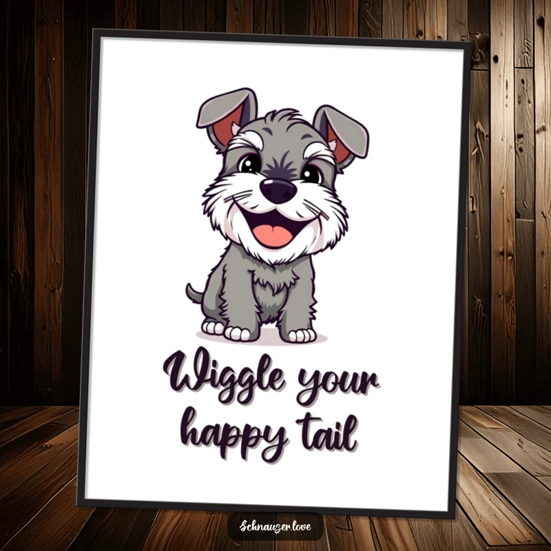 Funny free printable wall art of a schnauzer with a massive happy grin shaking its entire body in a state of pure bliss.