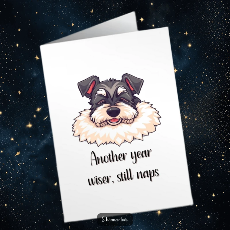 Funny Free Printable Schnauzer Birthday Card: A happy dog snoozing deeply on a fluffy rug with a content smile.