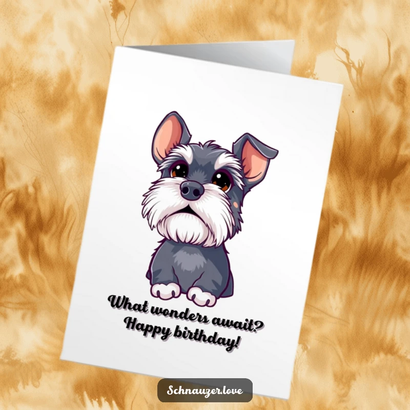 Funny Free Printable Birthday Card: A schnauzer gazes upwards with huge, curious eyes at something unknown.
