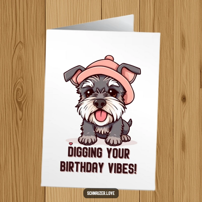 Funny Free Printable Birthday Card: A schnauzer in a tiny hat digs with gusto, a comical DIY birthday gift for fun.