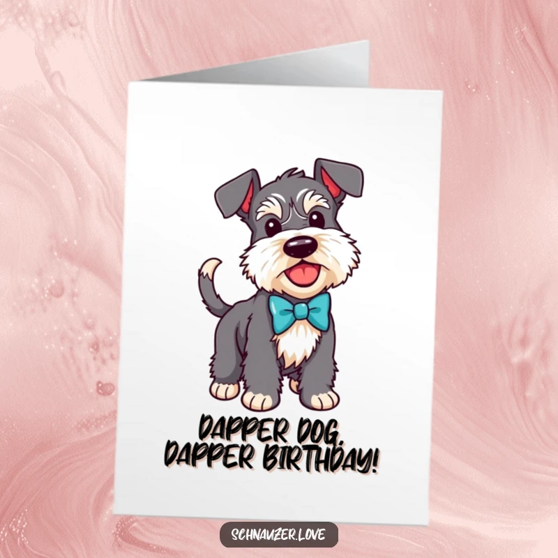 Funny Free Printable Birthday Card: Happy Schnauzer wearing a bow tie, wagging its tail enthusiastically for a birthday.