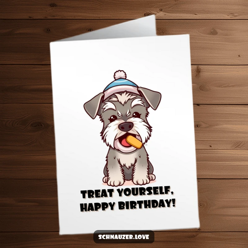 Funny Free Printable Birthday Card: A cheerful Schnauzer in a tiny hat begging for a birthday treat.