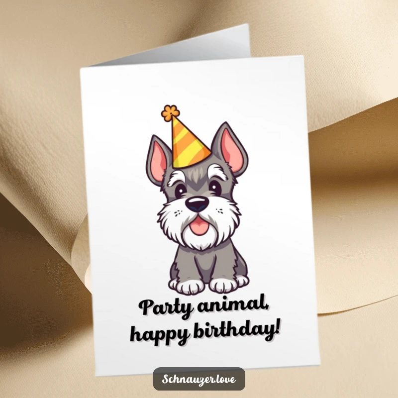 Funny Free Printable Birthday Card: A Schnauzer wears a party hat, tilting its head curiously. Festive and fun art.