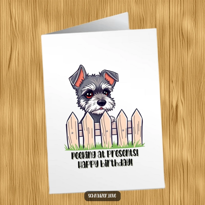 Funny Free Printable Birthday Card showing a small schnauzer with expressive eyes peeking over a tiny fence curiously.
