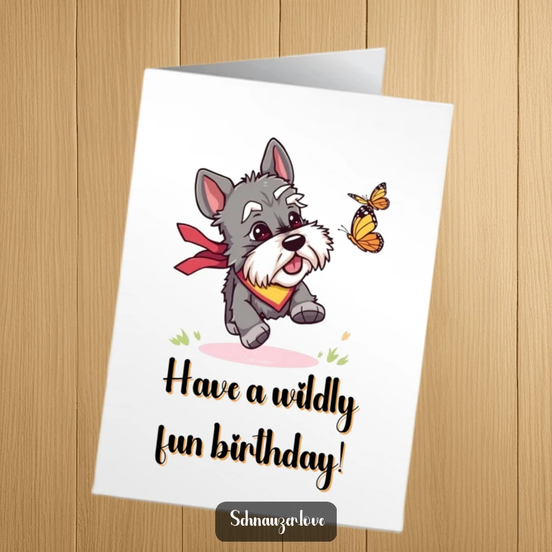 Funny Free Printable Birthday Card: A cool schnauzer wearing a bandana joyfully chases a butterfly, a fun DIY birthday gift.