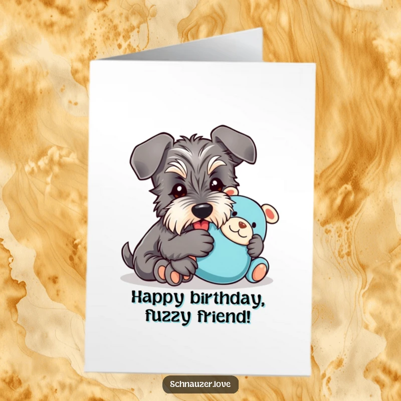 Funny free printable birthday card featuring a happy schnauzer with floppy ears cuddling a plush toy, full of birthday cheer.