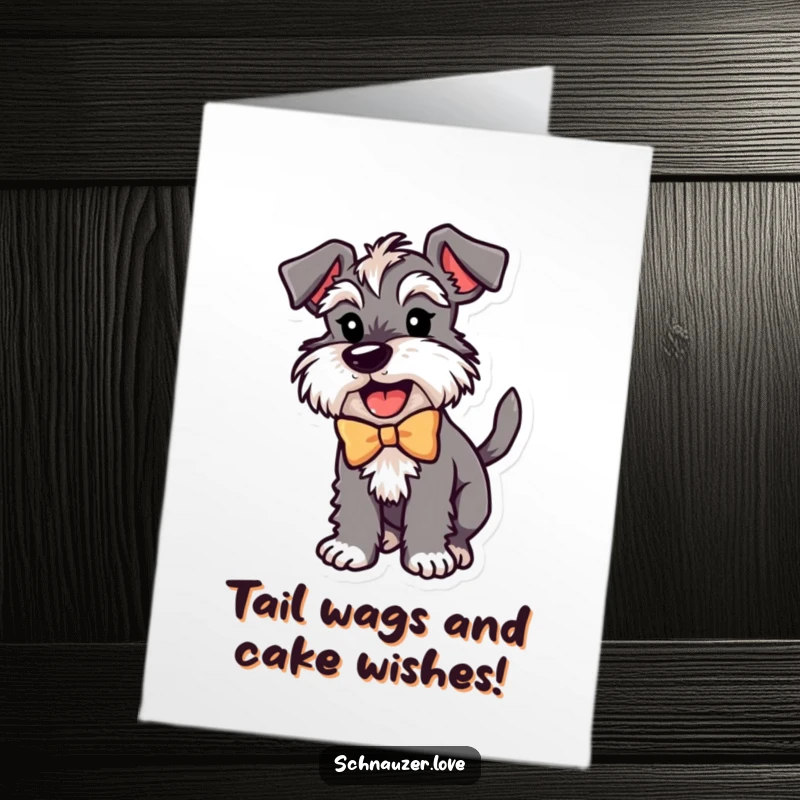 Funny Free Printable Birthday Card: Schnauzer in a bow wagging tail excitedly, ready for birthday fun.