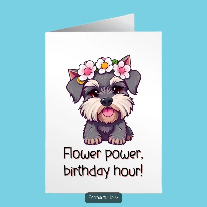 Free Printable Schnauzer Birthday Card: Funny Flower Crown Dog Downloadable Gift