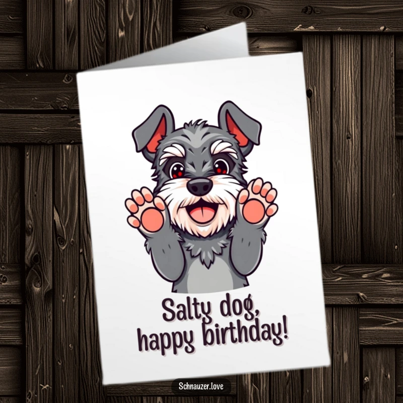 Funny free printable Schnauzer birthday card, dog playfully surrendering with paws up, ready to party and bestow laughs.