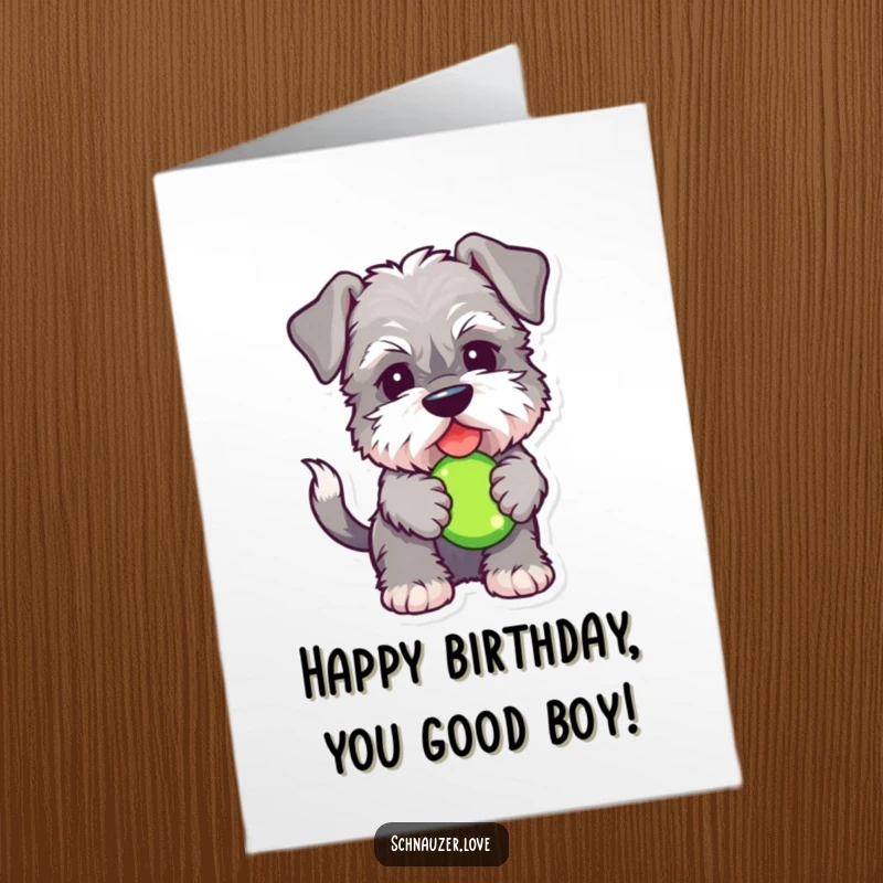 Funny Free Printable Birthday Card featuring a fluffy Schnauzer with a wagging tail, gleefully holding a squeaky toy.