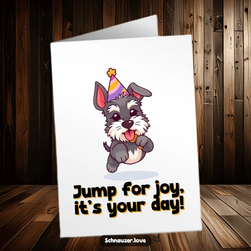 Funny Free Printable Birthday Card: Playful Schnauzer in a party hat mid-jump, reaching for a treat with joy.