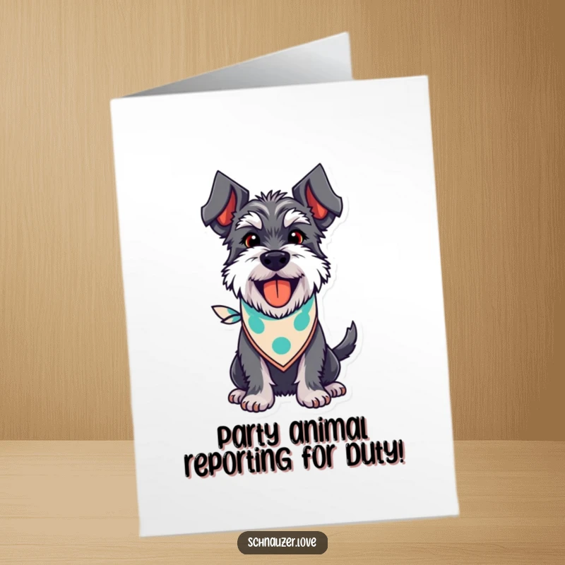 Funny Free Printable Schnauzer Birthday Card: Happy dog in bandana pants happily, wagging tail, downloadable for a DIY gift.