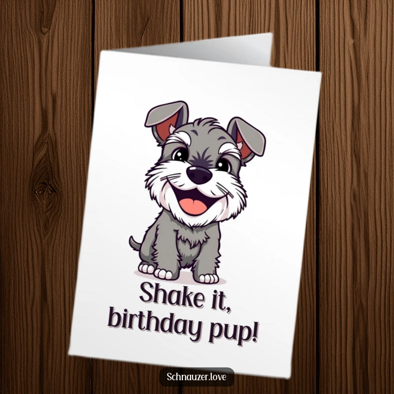 Funny free printable birthday card showing a schnauzer with a huge grin shaking its body with pure, unadulterated happiness.