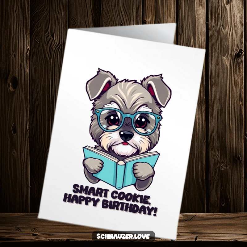 Funny Free Printable Birthday Card: A fluffy schnauzer with tiny glasses intently reads a book, looking wise.