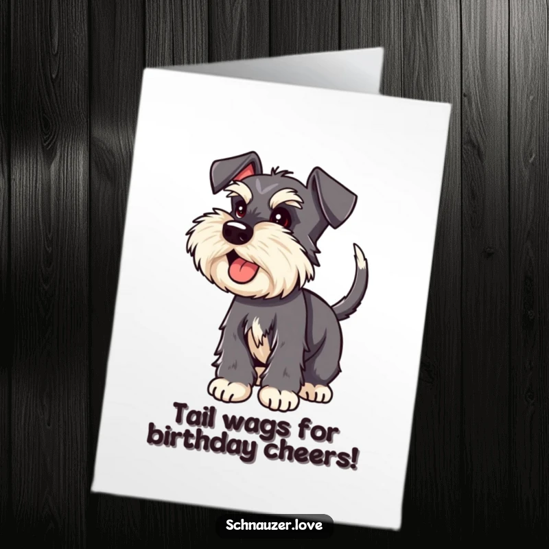 Funny Free Printable birthday card depicting a schnauzer with its tail a blur of excitement, pure joy personified.