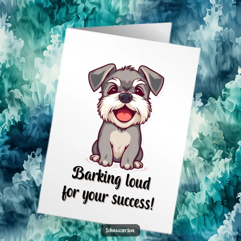 Funny Free Printable Congratulations Card: A happy schnauzer with floppy ears is barking joyfully, a fun DIY congrats gift.