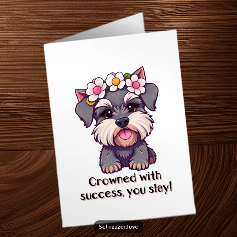 Funny free printable congratulations card with a schnauzer wearing a flower crown, celebrating with a head shake.