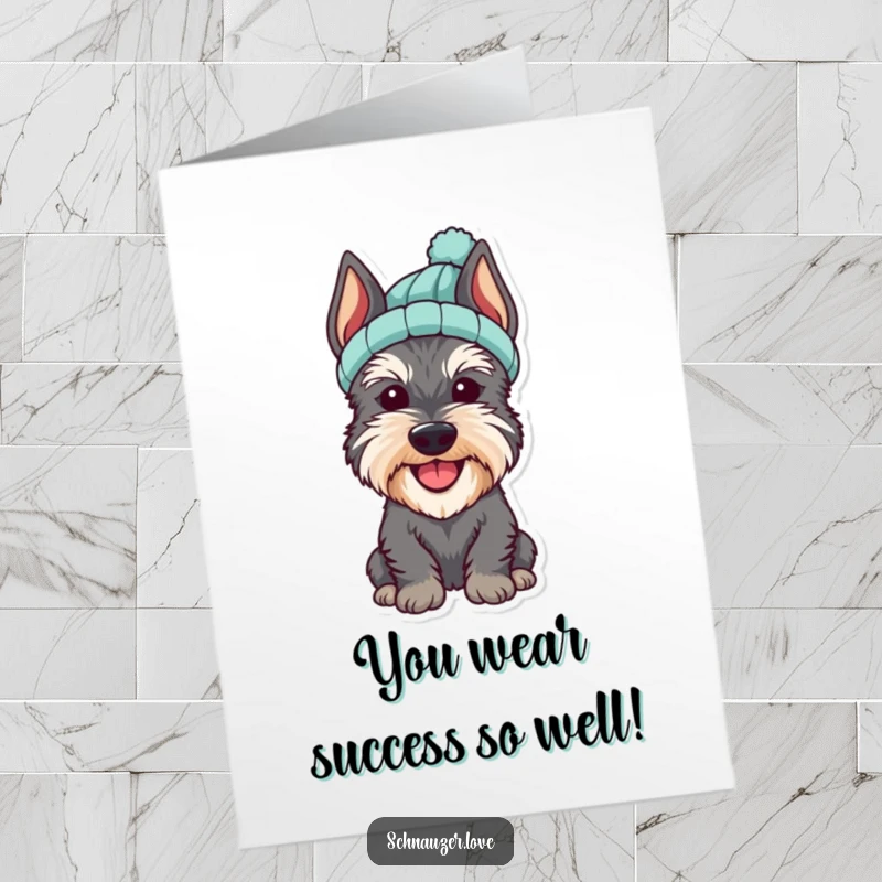 Funny Free Printable congratulations card: A cheerful schnauzer looking dapper in a small, knitted hat, celebrating achievements.