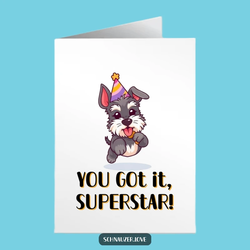 Free Printable Congrats Card: Energetic Schnauzer Jumping for a Treat, a Funny Downloadable Gift