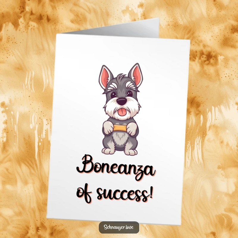 Funny Free Printable congratulations card with a stout schnauzer proudly holding a small bone, celebrating success.