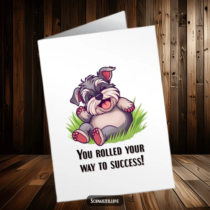 Funny Free Printable congratulations card: A joyous schnauzer rolling on its back in grass, celebrating a big win.