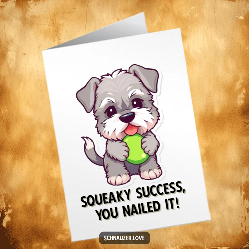 Funny Free Printable Congratulations Card: a fluffy Schnauzer wagging its tail, clutching a squeaky toy, celebrating achievements.