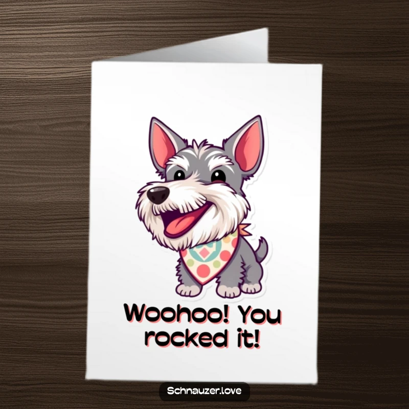 Funny free printable congratulations card of a schnauzer in a patterned bandana barking excitedly to celebrate achievements.