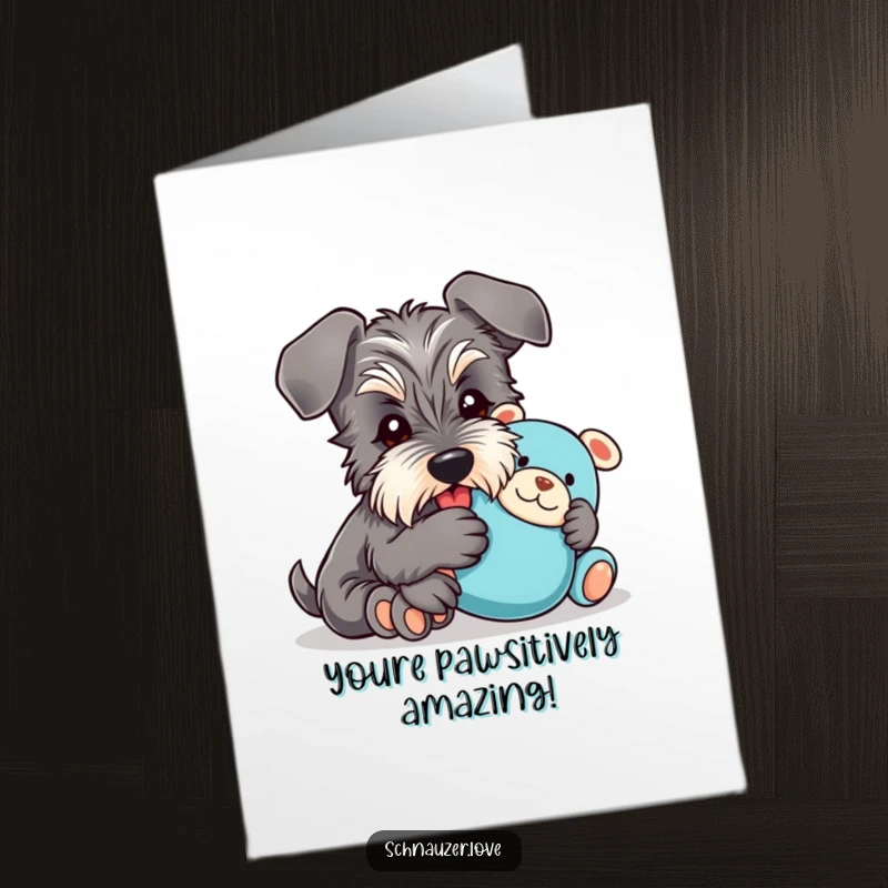 Funny free printable congratulations card showing a schnauzer with floppy ears happily hugging a plush toy, celebrating success.