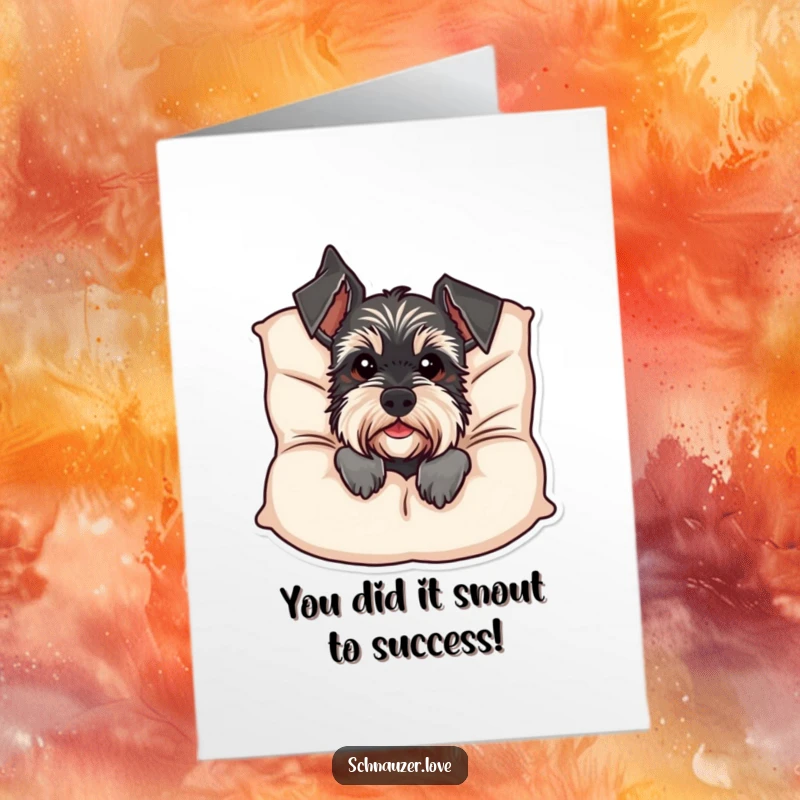 Funny Free Printable Congrats Card: Schnauzer dog peeking from behind a cushion, a humorous way to say congratulations.