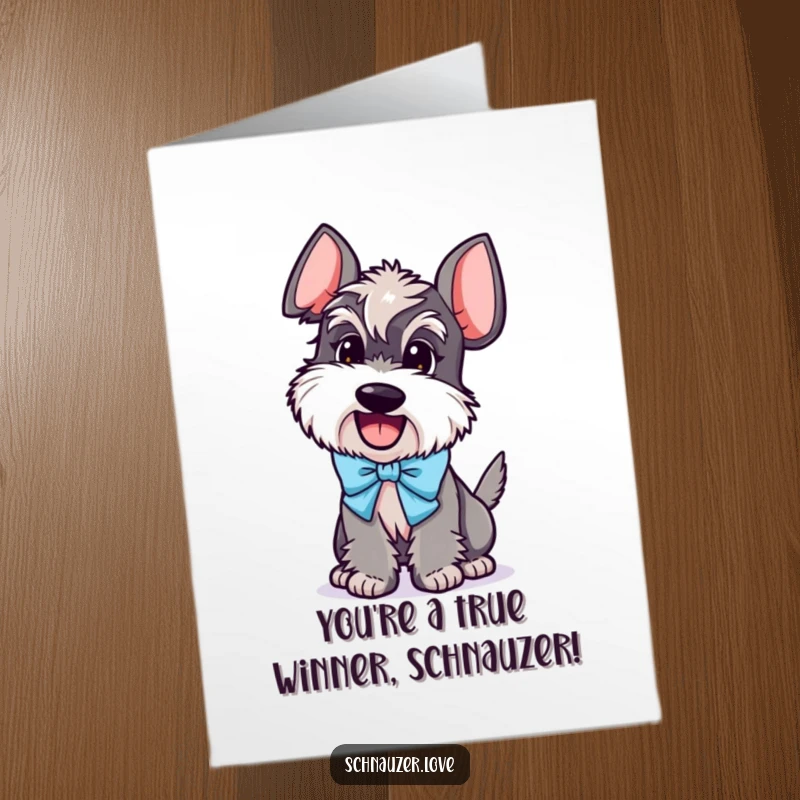 Funny Free Printable Schnauzer Congrats Card: Enthusiastic dog with bow wags tail, celebrating success.