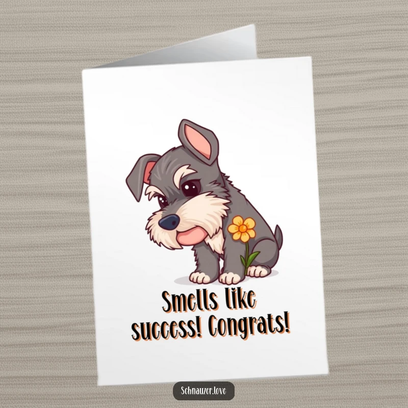 Funny Free Printable Schnauzer Congratulations Card: A curious schnauzer smelling a flower, symbolizing discovery and playful celebration.
