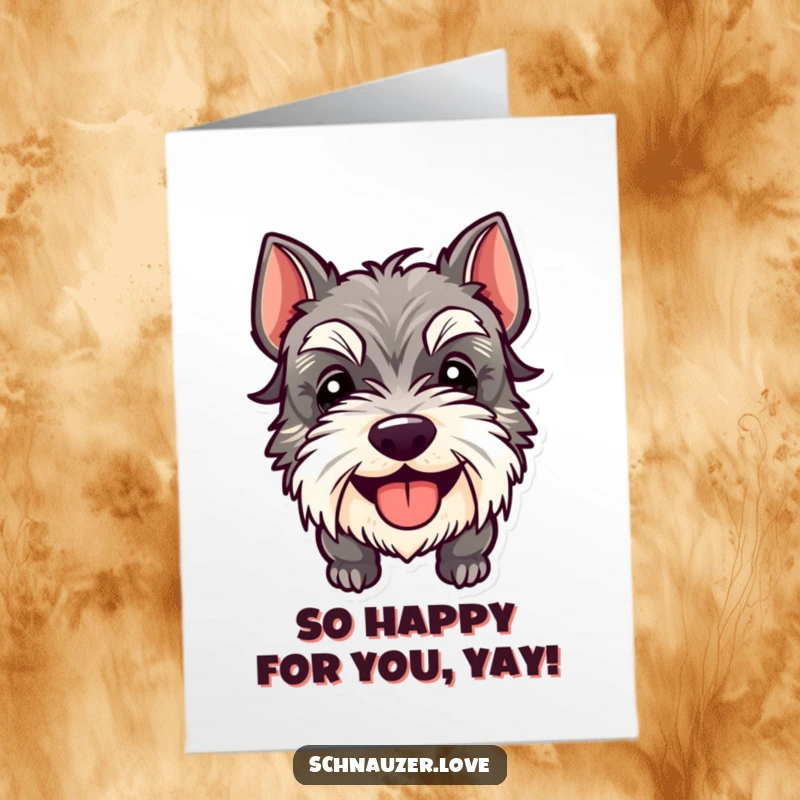 Funny Free Printable Schnauzer Congratulations Card: A happy schnauzer with its tongue out, celebrating success with goofy, infectious enthusiasm.